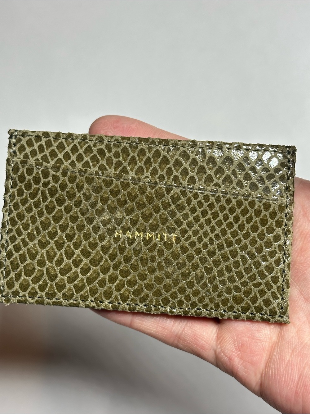 Green/Brown Snakeskin Hammitt Card Sleeve with Red Interior